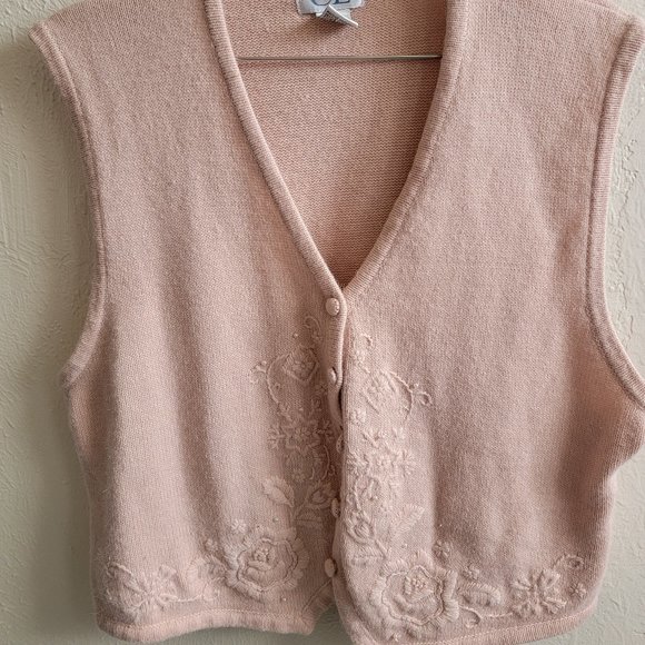 Vintage Pink Beaded Floral Cricket Lane Acrylic Sweater Vest - Picture 1 of 5